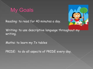 Reading: to read for 40 minutes a day.

Writing: to use descriptive language throughout my
writing.

Maths: to learn my 7x...