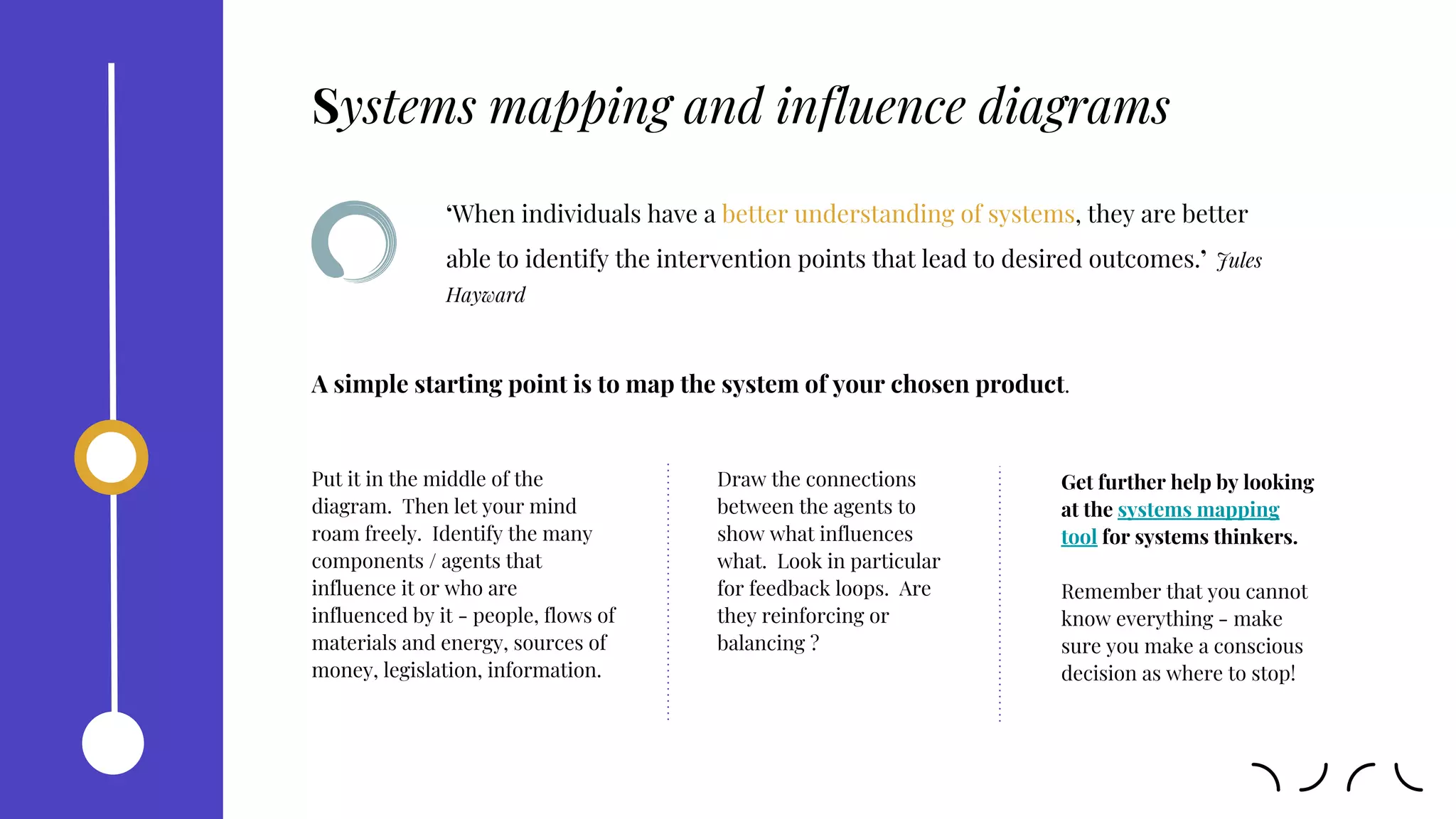 Put it in the middle of the
diagram. Then let your mind
roam freely. Identify the many
components / agents that
influence it or who are
influenced by it - people, flows of
materials and energy, sources of
money, legislation, information.
‘When individuals have a better understanding of systems, they are better
able to identify the intervention points that lead to desired outcomes.’ Jules
Hayward
Draw the connections
between the agents to
show what influences
what. Look in particular
for feedback loops. Are
they reinforcing or
balancing ?
A simple starting point is to map the system of your chosen product.
Get further help by looking
at the systems mapping
tool for systems thinkers.
Remember that you cannot
know everything - make
sure you make a conscious
decision as where to stop!
Systems mapping and influence diagrams
 
