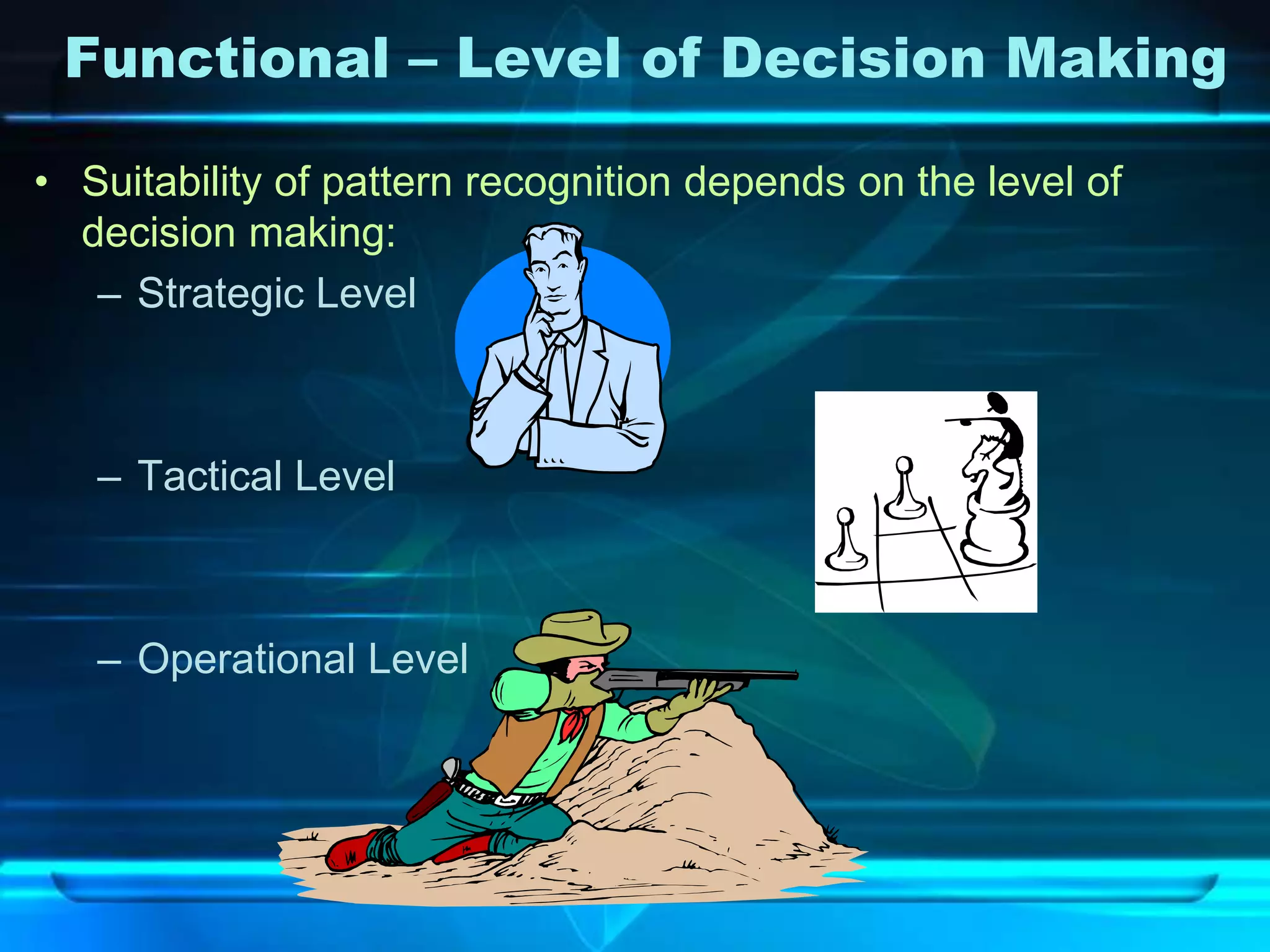 Functional – Level of Decision Making

• Suitability of pattern recognition depends on the level of
  decision making:
   – Strategic Level



   – Tactical Level



   – Operational Level
 