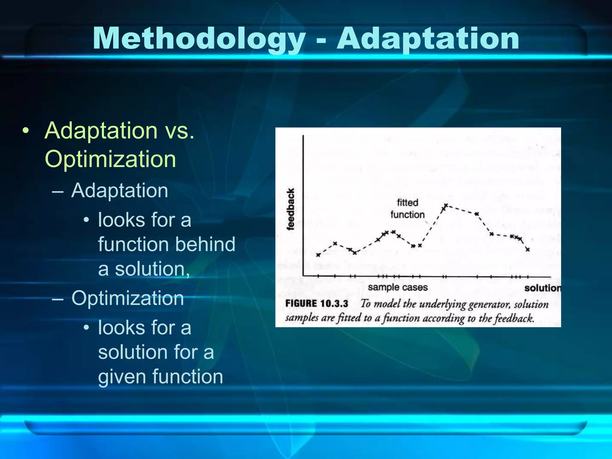 Methodology - Adaptation

• Adaptation vs.
  Optimization
  – Adaptation
     • looks for a
       function behind
       a solution,
  – Optimization
     • looks for a
       solution for a
       given function
 