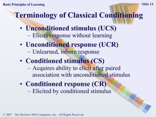 Terminology of Classical Conditioning Unconditioned stimulus (UCS)  Elicits response without learning Unconditioned response (UCR) Unlearned, inborn response Conditioned stimulus (CS) Acquires ability to elicit after paired association with unconditioned stimulus  Conditioned response (CR) Elicited by conditioned stimulus Basic Principles of Learning 