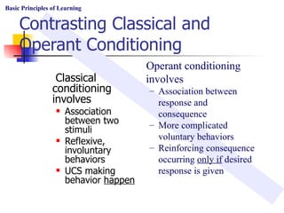 Contrasting Classical and Operant Conditioning Classical conditioning involves Association between two stimuli Reflexive, involuntary behaviors UCS making behavior  happen Basic Principles of Learning Operant conditioning involves Association between response and consequence More complicated voluntary behaviors Reinforcing consequence occurring  only if  desired response is given 