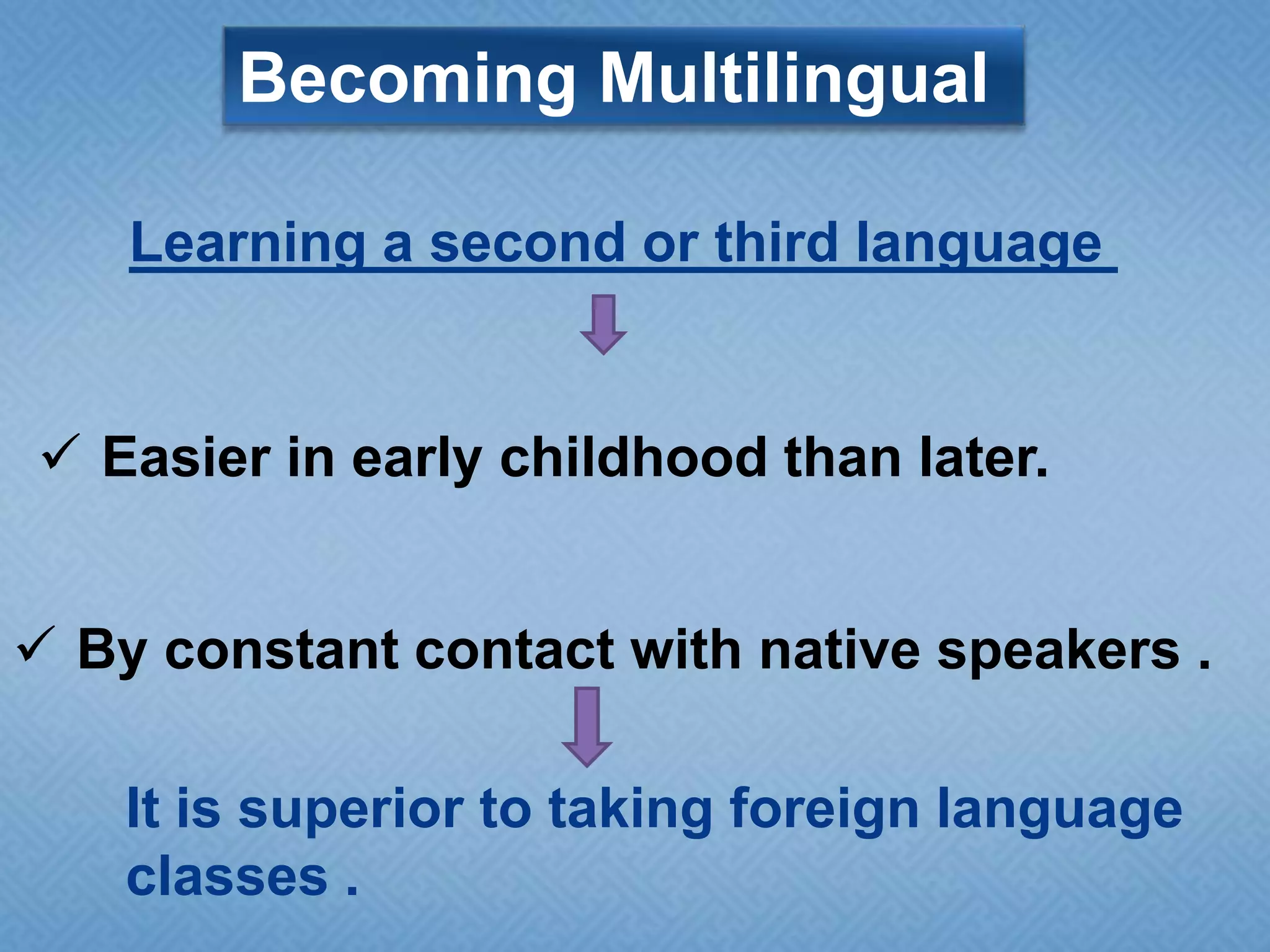 Becoming Multilingual
Learning a second or third language

 Easier in early childhood than later.
 By constant contact with native speakers .
It is superior to taking foreign language
classes .

 