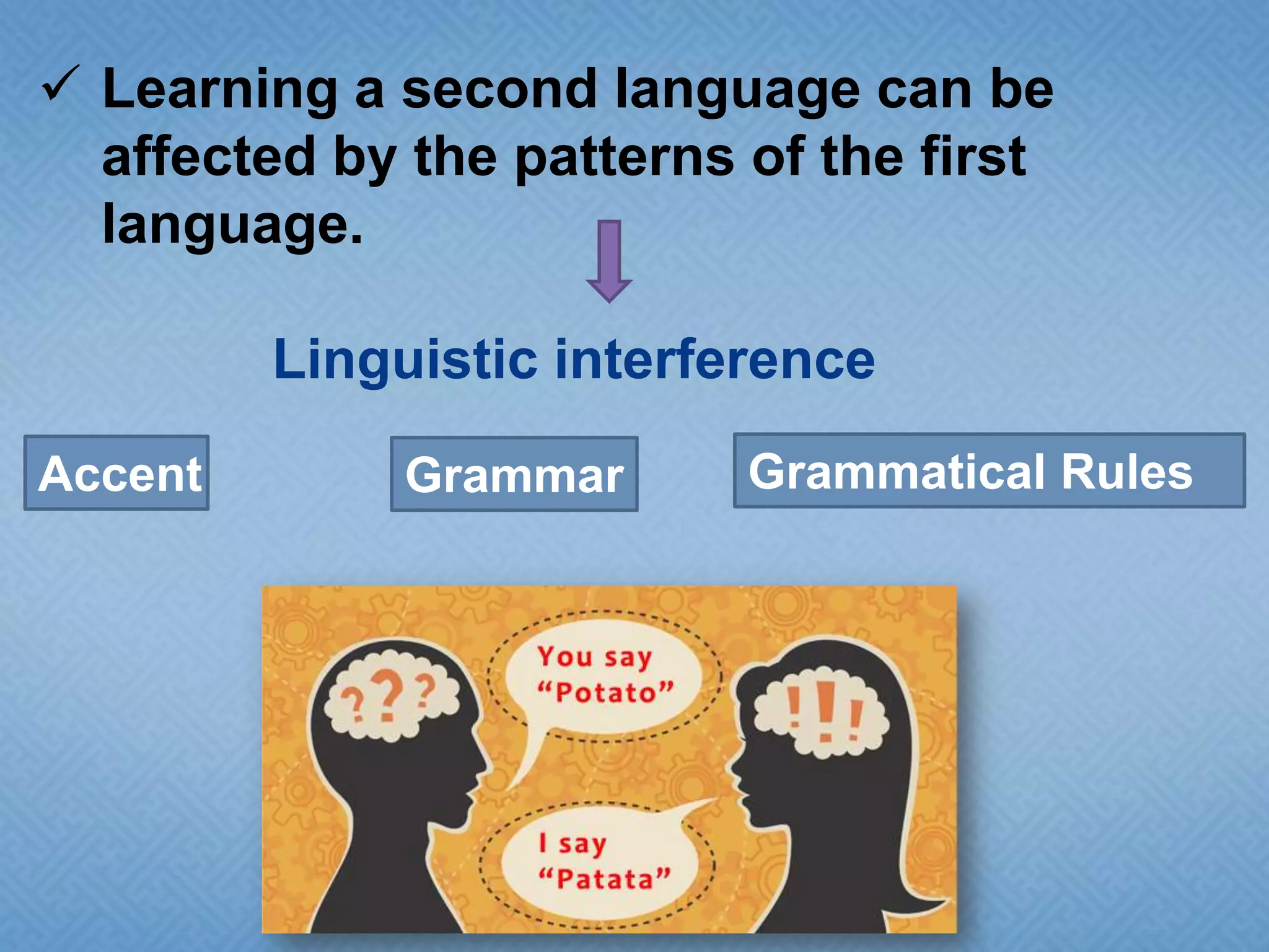  Learning a second language can be
affected by the patterns of the first
language.
Linguistic interference
Accent

Grammar

Grammatical Rules

 