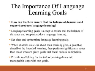The Importance Of Language
Learning Goals
 How can teachers ensure that the balance of demands and
support produces language learning?
 Language learning goals is a step to ensure that the balance of
demands and support produce language learning.
 Set clear and appropriate language learning goals.
 When students are clear about their learning goal, a goal that
describes the intended learning, they perform significantly better
than those who are given goals that focus on task completion.
 Provide scaffolding for the tasks- breaking down into
manageable steps with sub goals.
14
 