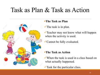 Task as Plan & Task as Action
The Task as Plan
The task is in plan.
Teacher may not know what will happen
when the activity is used.
Cannot be fully evaluated.
The Task as Action
When the task is used in a class based on
what actually happened.
Task for the particular class.
23
 