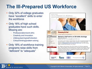 The Ill-Prepared US Workforce
 Only 32% of college graduates
  have “excellent” skills to enter
  the workforce
 Only 16% of high school
  graduates have such skills.
  Missing are:
    •   Professionalism/work ethic
    •   Creativity and Innovation
    •   Lifelong learning/self-direction
    •   Critical thinking/problem solving

 Only 18% of workforce training
  programs raise skills from
  “deficient” to “adequate”




                                            Copyright © 2012 Bersin & Associates. All rights reserved.   Page 10
 
