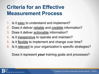 Criteria for an Effective
Measurement Process
1.   Is it easy to understand and implement?
2.   Does it deliver reliable and credible information?
3.   Does it deliver actionable information?
4.   Is it inexpensive to operate and maintain?
5.   Is it flexible to implement and change over time?
6.   Is it relevant to your organization’s specific strategies?

     Does it represent your training goals and processes?



                                    Copyright © 2012 Bersin & Associates. All rights reserved.   Page 29
 