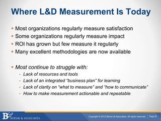 Where L&D Measurement Is Today
   Most organizations regularly measure satisfaction
   Some organizations regularly meas...