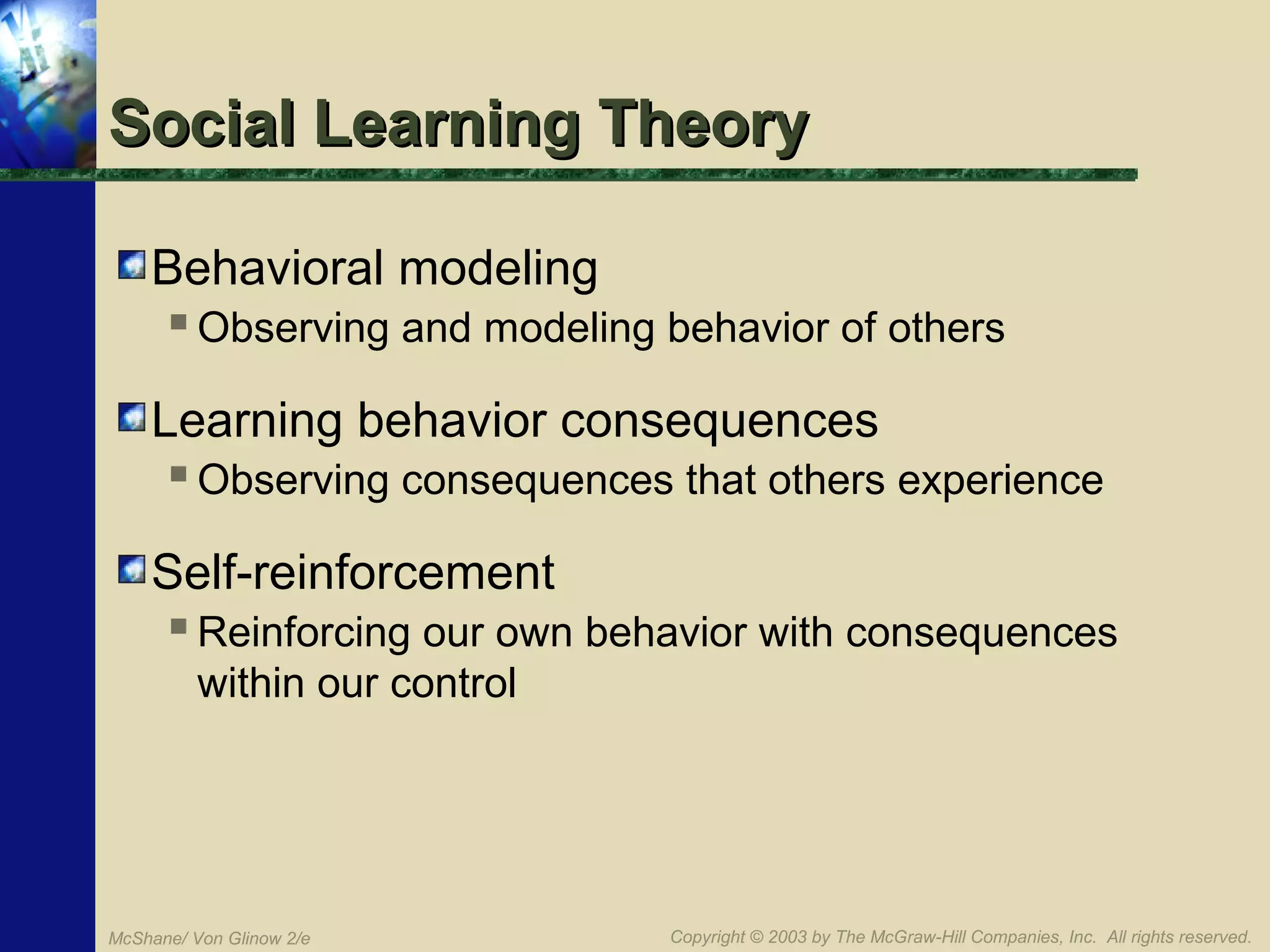 Social Learning Theory
Behavioral modeling
 Observing and modeling behavior of others
Learning behavior consequences
 Observing consequences that others experience
Self-reinforcement
 Reinforcing our own behavior with consequences
within our control

McShane/ Von Glinow 2/e

Copyright © 2003 by The McGraw-Hill Companies, Inc. All rights reserved.

 