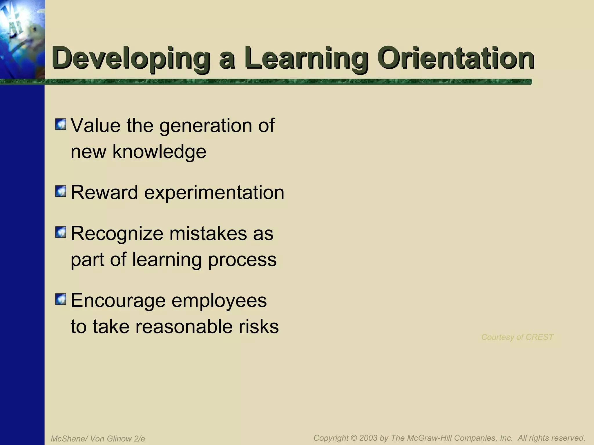 Developing a Learning Orientation
Value the generation of
new knowledge
Reward experimentation
Recognize mistakes as
part of learning process
Encourage employees
to take reasonable risks

McShane/ Von Glinow 2/e

Courtesy of CREST

Copyright © 2003 by The McGraw-Hill Companies, Inc. All rights reserved.

 