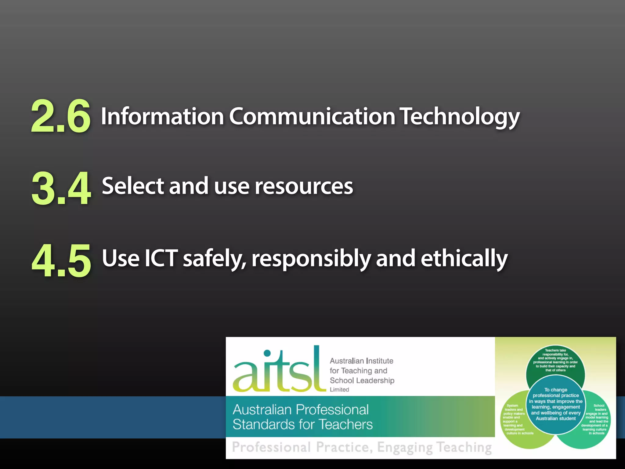 2.6 Information CommunicationTechnology
3.4 Select and use resources
4.5 Use ICT safely, responsibly and ethically
 