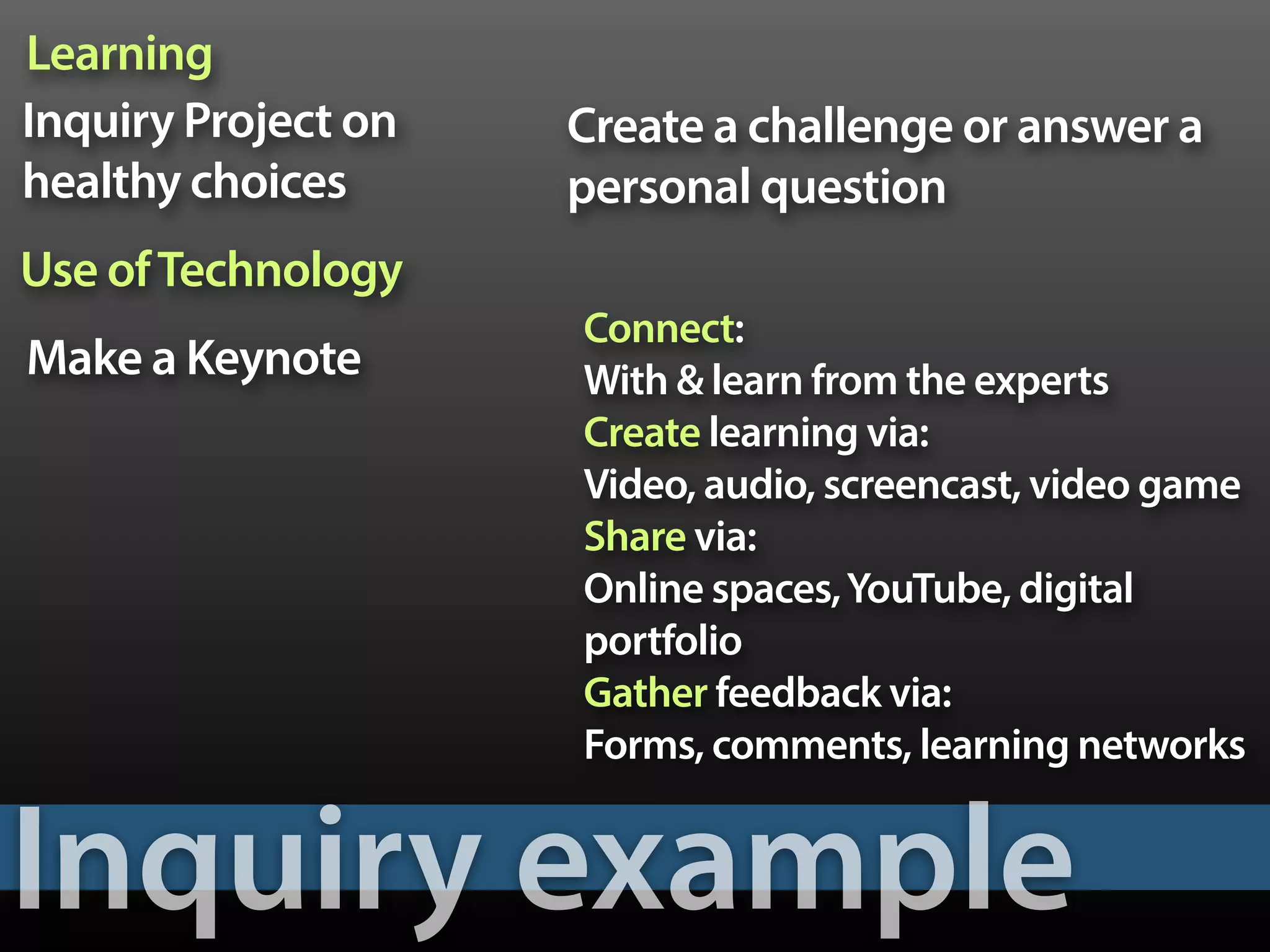 Inquiry example
Inquiry Project on  
healthy choices
Make a Keynote
Create a challenge or answer a
personal question
Connect: 
With & learn from the experts
Create learning via:
Video, audio, screencast, video game
Share via:
Online spaces,YouTube, digital
portfolio
Gather feedback via:
Forms, comments, learning networks
Learning
Use ofTechnology
 