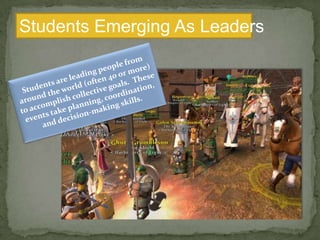 Students Emerging As LeadersStudents are leading people from around the world (often 40 or more) to accomplish collective goals.  These events take planning, coordination, and decision-making skills.