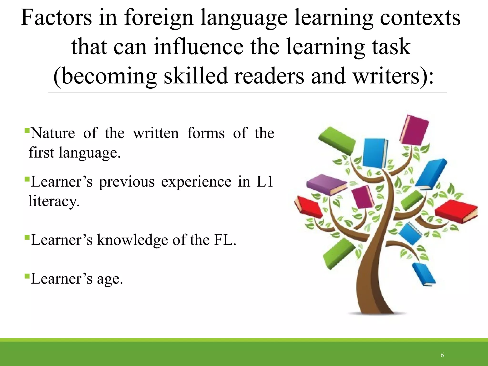 Factors in foreign language learning contexts
that can influence the learning task
(becoming skilled readers and writers):
Nature of the written forms of the
first language.
Learner’s previous experience in L1
literacy.
Learner’s knowledge of the FL.
Learner’s age.
6
 
