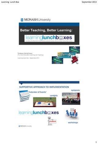 Learning Lunch Box

September 2013

Better Teaching, Better Learning:

Professor Darrell Evans
Pro Vice-Chancellor (Learning and Teaching)
Learning lunch box - September 2013

SUPPORTIVE APPROACH TO IMPLEMENTATION
symposia

‘Calendar of Events’
sandpits

workshops

1

 