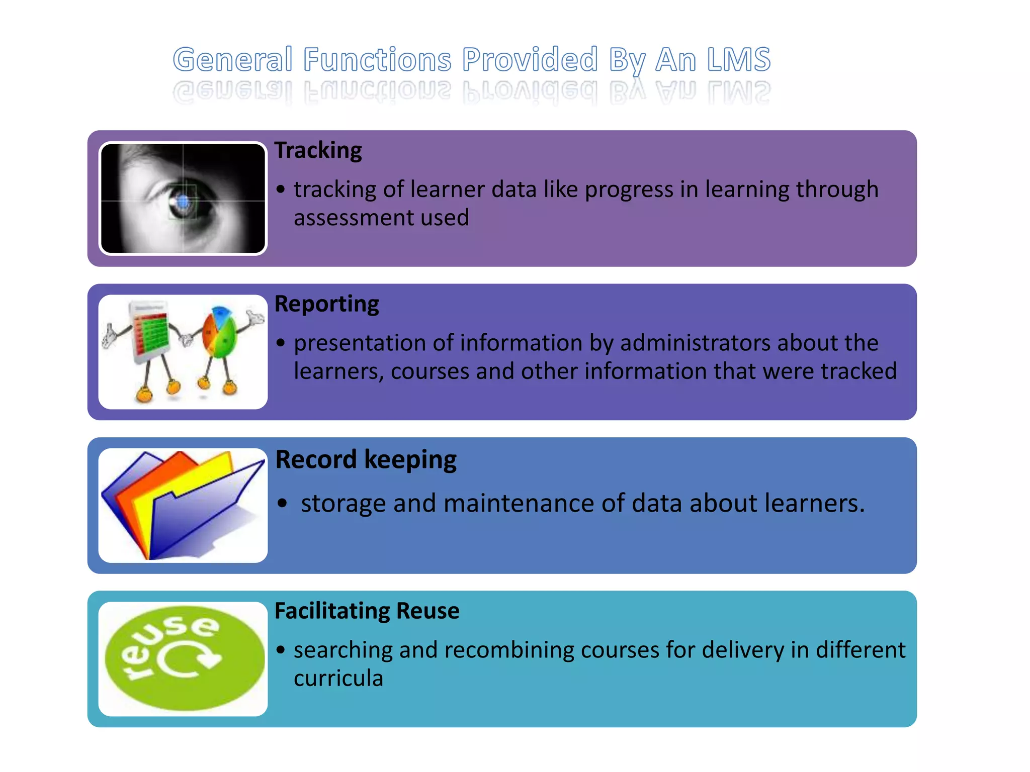 Tracking
• tracking of learner data like progress in learning through
assessment used
Reporting
• presentation of information by administrators about the
learners, courses and other information that were tracked

Record keeping
• storage and maintenance of data about learners.

Facilitating Reuse
• searching and recombining courses for delivery in different
curricula

 