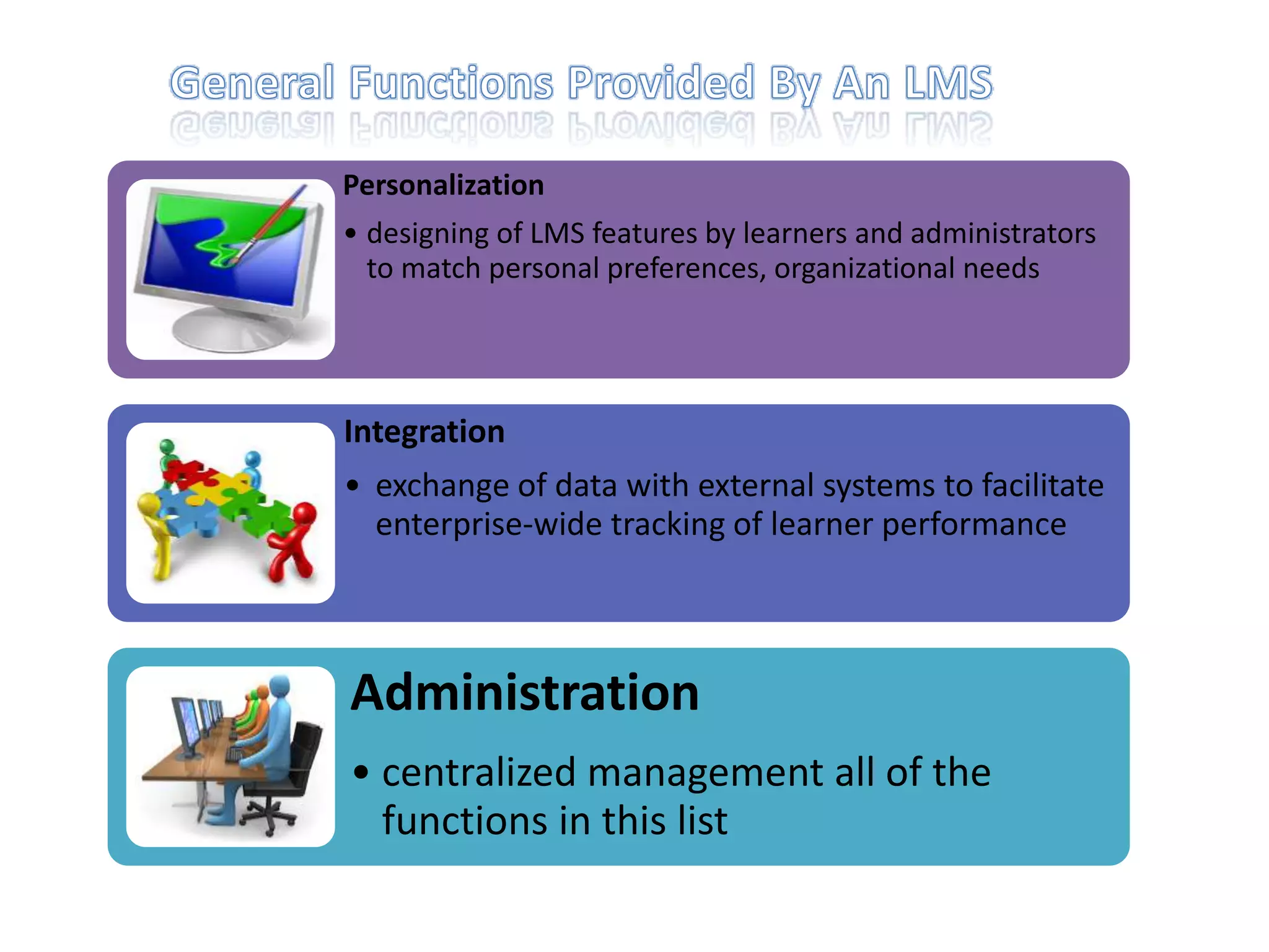 Personalization
• designing of LMS features by learners and administrators
to match personal preferences, organizational needs

Integration
• exchange of data with external systems to facilitate
enterprise-wide tracking of learner performance

Administration
• centralized management all of the
functions in this list

 