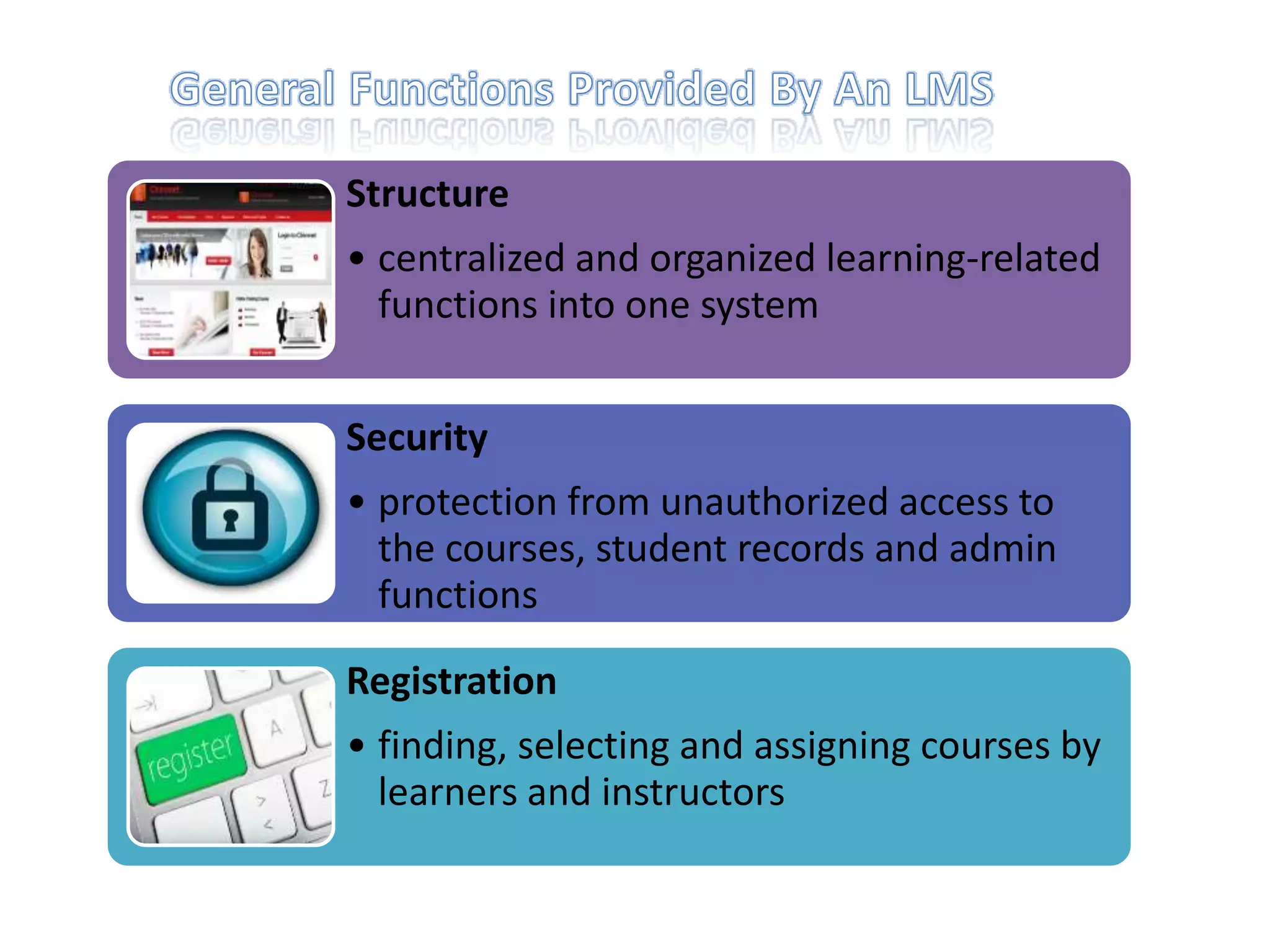 Structure
• centralized and organized learning-related
functions into one system
Security
• protection from unauthorized access to
the courses, student records and admin
functions
Registration
• finding, selecting and assigning courses by
learners and instructors

 