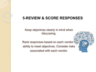 Keep objectives clearly in mind when
discussing.
Rank responses based on each vendor’s
ability to meet objectives. Consider risks
associated with each vendor.
5-REVIEW & SCORE RESPONSES
 