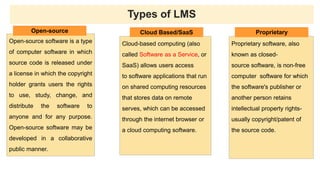 Open-source software is a type
of computer software in which
source code is released under
a license in which the copyright
holder grants users the rights
to use, study, change, and
distribute the software to
anyone and for any purpose.
Open-source software may be
developed in a collaborative
public manner.
Cloud-based computing (also
called Software as a Service, or
SaaS) allows users access
to software applications that run
on shared computing resources
that stores data on remote
serves, which can be accessed
through the internet browser or
a cloud computing software.
Proprietary software, also
known as closed-
source software, is non-free
computer software for which
the software's publisher or
another person retains
intellectual property rights-
usually copyright/patent of
the source code.
Types of LMS
Open-source Cloud Based/SaaS Proprietary
 