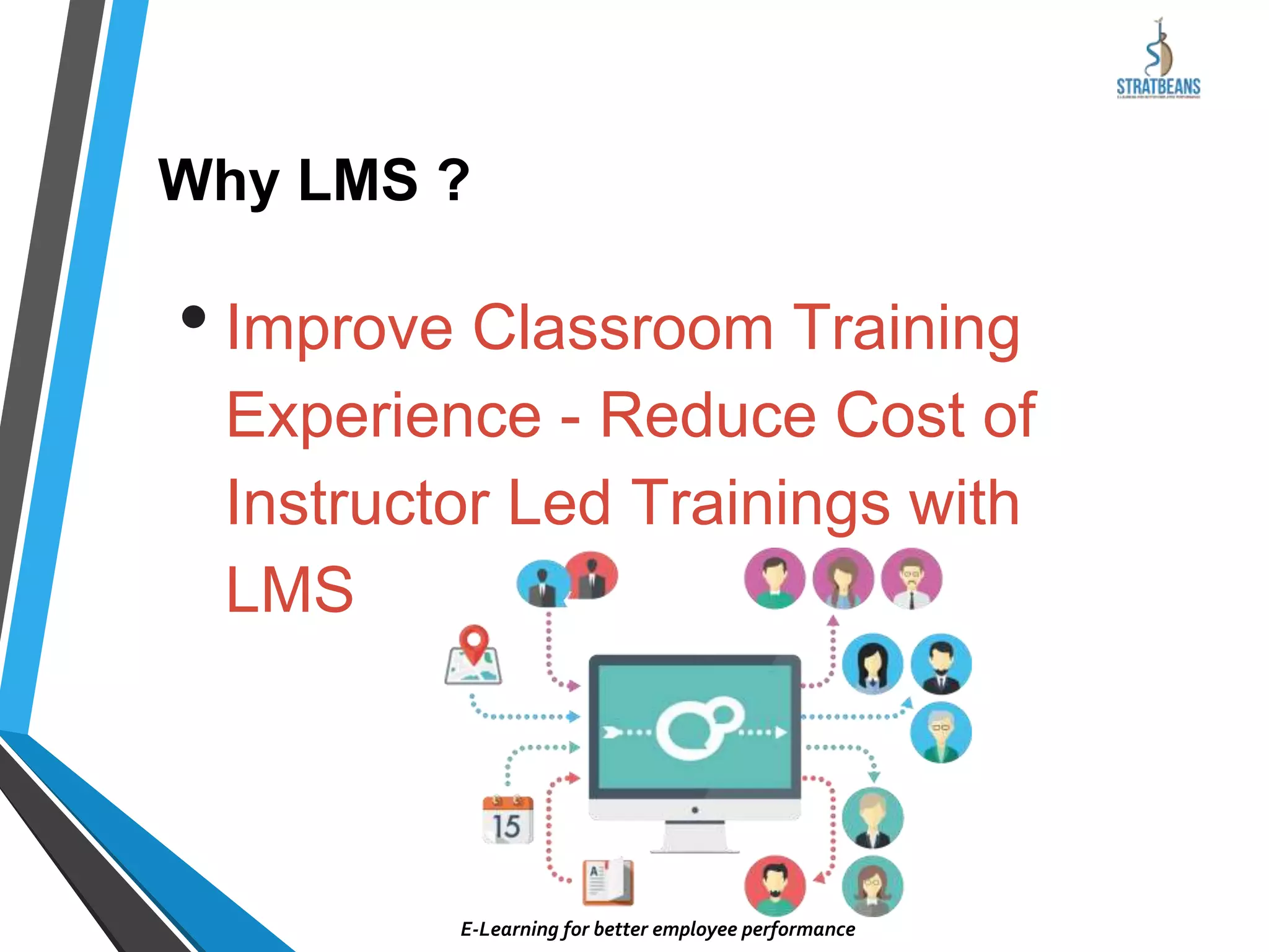 Why LMS ?
• Improve Classroom Training
Experience - Reduce Cost of
Instructor Led Trainings with
LMS
E-Learning for better employee performance
 