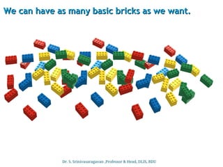 We can have as many basic bricks as we want.
We can have as many basic bricks as we want.
Dr. S. Srinivasaragavan ,Professor & Head, DLIS, BDU
 