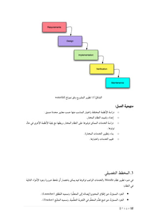 12| P a g e
(‫الشكل‬0‫نموذج‬ ‫وفق‬ ‫المشروع‬ ‫تطوير‬ )waterfall
:‫العمل‬ ‫منهجية‬
o‫مسبق‬ ‫محددة‬ ‫معايير‬ ‫حسب‬ ‫منها‬ ‫المناسب‬ ‫واختيار‬ ‫المختلفة‬ ‫نظمة‬‫الإ‬ ‫دراسة‬.
o.‫المختار‬ ‫النظام‬ ‫وتثبيت‬ ‫عداد‬‫ا‬
o‫حال‬ ‫في‬ ‫خرى‬‫الإ‬ ‫نظمة‬‫الإ‬ ‫بقية‬ ‫مع‬ ‫وربطها‬ ‫المختار‬ ‫النظام‬ ‫على‬ ‫توفيرها‬ ‫الممكن‬ ‫الخدمات‬ ‫دراسة‬
.‫توفرها‬
o‫بناء‬.‫المختارة‬ ‫الخدمات‬ ‫وتطوير‬
o.‫واختبارها‬ ‫الخدمات‬ ‫تقييم‬
3.‫التفصيلي‬ ‫المخطط‬
‫نظام‬ ‫تطوير‬ ‫ضوء‬ ‫في‬Moodle‫التالية‬ ‫جزاء‬‫الإ‬ ‫وجود‬ ‫ضرورة‬ ‫نلحظ‬ ‫ن‬‫ا‬ ‫باختصار‬ ‫يمكن‬ ‫فيه‬ ‫توافرها‬ ‫الواجب‬ ‫والخدمات‬
:‫النظام‬ ‫في‬
( ‫ق‬ِ‫ل‬‫ط‬ُ‫م‬‫ال‬ ‫ونسميه‬ )‫م‬ِّ‫ل‬‫المتع‬ ‫لى‬‫ا‬ ‫يصاله‬‫المحتوى(ا‬ ‫طلأق‬‫ا‬ ‫عن‬ ‫المسؤول‬ ‫الجزء‬Launcher).
( ‫بع‬ِّ‫ت‬‫المت‬ ‫ونسميه‬ ,‫مية‬ُّ‫ل‬‫التع‬ ‫جربة‬َّ‫ت‬‫ال‬ ‫في‬ ‫م‬ِّ‫ل‬‫المتع‬ ‫م‬ُّ‫تقد‬ ‫تتبع‬ ‫عن‬ ‫المسؤول‬ ‫الجزء‬Tracker.)
 