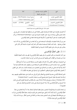 22| P a g e
‫في‬ ‫هي‬ ‫والتي‬ ,‫المعلومات‬ ‫نقل‬ ‫بواستطتها‬ ‫تتم‬ ‫التي‬ ‫بالتقانة‬ ‫عنى‬ُ‫ي‬‫ف‬ ,‫المستخدمة‬ ‫التقانة‬ ‫على‬ ‫عتماد‬‫بالإ‬ ‫التصنيف‬ ‫ما‬‫ا‬
( ‫الويب‬ ‫على‬ ‫المبنية‬ ‫التقنيات‬ ‫تعتبر‬ .‫تربوية‬ ‫رشادات‬‫وا‬ ‫مي‬ُّ‫ل‬‫تع‬ ‫محتوى‬ ‫حالتنا‬Web-based Technology)‫هم‬‫ا‬ ‫من‬
.‫لكتروني‬‫الإ‬ ‫التعلم‬ ‫في‬ ‫نافعة‬ ‫تقانة‬ ‫الصوتية‬ ‫شرطة‬‫الإ‬ ‫و‬‫ا‬ ‫الفيديو‬ ‫شرطة‬‫ا‬ ‫تعتبر‬ ‫كما‬ ,‫التقنيات‬ ‫فضل‬‫وا‬
‫ال‬ ‫هم‬‫ا‬ ‫من‬ ‫هي‬ ‫المستخدمة‬ ‫تصالإت‬‫والإ‬ ‫المعلومات‬ ‫تقانة‬ ‫ن‬‫با‬ ‫نرى‬ ‫نحن‬‫اسمه‬ ‫خذ‬‫ا‬ ‫وقد‬ ,‫لكتروني‬‫الإ‬ ‫م‬ٌّ‫ل‬‫التع‬ ‫في‬ ‫عناصر‬
‫الذي‬ ‫مر‬‫الإ‬ ,‫كثر‬‫ا‬ ‫المتاحة‬ ‫الخيارات‬ ‫كانت‬ ‫كلما‬ ,‫كثر‬‫ا‬ ‫متقدمة‬ ‫المستخدمة‬ ‫التقانة‬ ‫كانت‬ ‫وكلما‬ .‫فضائها‬ ‫من‬ ً‫ا‬‫فعلي‬
.‫مية‬ُّ‫ل‬‫التع‬ ‫العملية‬ ‫من‬ ‫المرجوة‬ ‫هداف‬‫الإ‬ ‫تحقيق‬ ‫على‬ ‫مباشر‬ ٍ‫و‬‫نح‬ ‫على‬ ‫ينعكس‬
.2.1.1‫لكتروني‬‫الإ‬ ‫م‬ُّ‫ل‬‫التع‬ ‫تطور‬
‫مية‬ٌّ‫ل‬‫التع‬ ‫العملية‬ ‫وكانت‬ ‫بعد‬ ‫ظهر‬ ‫قد‬ ‫لكتروني‬‫الإ‬ ‫م‬ٌّ‫ل‬‫التع‬ ‫مفهوم‬ ‫يكن‬ ‫لم‬ ,‫العشرين‬ ‫القرن‬ ‫من‬ ‫الثمانينيات‬ ‫واخر‬‫ا‬ ‫حتى‬
.‫الحاسوب‬ ‫استخدام‬ ‫دون‬ ‫ي‬‫ا‬ ,‫المدارس‬ ‫في‬ ‫المدرسون‬ ‫يعلمهم‬ ‫الذين‬ ‫الطلأب‬ ‫من‬ ‫مجموعة‬ ‫عن‬ ‫عبارة‬
‫بو‬ ‫التدريب‬ ‫بتطبيق‬ ‫الشركات‬ ‫ت‬‫بدا‬ ‫التقاني‬ ‫التطور‬ ‫ومع‬ ‫التسعينيات‬ ‫في‬‫م‬ُّ‫ل‬‫التع‬ ‫نواع‬‫ا‬ ‫حد‬‫ا‬ ‫وهو‬ ‫الحاسوب‬ ‫اسطة‬
ً‫ا‬‫جد‬ ‫جيدة‬ ‫الفكرة‬ ‫تلك‬ ‫وكانت‬ ,‫موظفيها‬ ‫لتدريب‬ ‫المسجلة‬ ‫الفيديو‬ ‫فلأم‬‫ا‬ ‫بواسطة‬ ‫التدريب‬ ‫اسخدمت‬ ‫حيث‬ ,‫لكتروني‬‫الإ‬
‫التطوير‬ ‫على‬ ‫القدر‬ ‫وعدم‬ ‫الإفراد‬ ‫حتياجات‬‫ا‬ ‫حسب‬ ّ‫التخصص‬ ‫وهي‬ ‫المشاكل‬ ‫من‬ ‫العديد‬ ‫من‬ ‫تعاني‬ ‫كانت‬ ‫نها‬‫ا‬ ‫لإ‬‫ا‬ ,‫نذاك‬‫ا‬
‫وك‬ ‫التعديل‬ ‫و‬‫ا‬‫فلأم‬‫الإ‬ ‫هذه‬ ‫تشغل‬ ‫التي‬ ‫الوسائل‬ ‫لى‬‫ا‬ )‫مين‬ِّ‫ل‬‫(المتع‬ ‫الموظفين‬ ‫واحتياج‬ ‫نتاج‬‫الإ‬ ‫لفة‬[2].
‫وبعد‬ ,‫وتقييمهم‬ ‫مهم‬ُّ‫ل‬‫تع‬ ‫متابعة‬ ‫على‬ ‫القدرة‬ ‫عدم‬ ‫لى‬‫ا‬ ‫دى‬‫ا‬ ‫والذي‬ ‫م‬ِّ‫ل‬‫المتع‬ ‫مع‬ ‫التفاعل‬ ‫محدودية‬ ‫في‬ ‫هم‬‫الإ‬ ‫المشكلة‬ ‫تكمن‬
‫باستخ‬ ‫التدريب‬ ‫ليصبح‬ ‫السابق‬ ‫النموذج‬ ‫ر‬َّ‫تطو‬ ,‫ة‬ّ‫ي‬‫المحدود‬ ‫هذه‬ ‫دراك‬‫ا‬( ‫الحاسوب‬ ‫دام‬Computer-based
Training<CBT>)‫مثل‬ ‫برامج‬ ‫باستخدام‬Power Point‫انتشار‬ ‫في‬ ‫الكبير‬ ‫الفضل‬ ‫دمجة‬ُ‫م‬‫ال‬ ‫قراص‬‫للأ‬ ‫وكان‬ ,‫وغيره‬
‫قابل‬ ‫وغير‬ ‫م‬ِّ‫ل‬‫المتع‬ ‫مع‬ ‫التفاعل‬ ‫محدود‬ ‫بقي‬ ‫كسوابقه‬ ‫النموذج‬ ‫هذا‬ ‫ن‬‫ا‬ ‫لإ‬‫ا‬ ,‫لكتروني‬‫الإ‬ ‫م‬ٌّ‫ل‬‫التع‬ ‫من‬ ‫النموذج‬ ‫هذا‬
‫للتعديل‬[3].
‫مجال‬ ‫في‬ ‫العاملون‬ ‫دركه‬‫ا‬ ‫ما‬ ‫وهذا‬ ,‫السابقة‬ ‫المشاكل‬ ‫معظم‬ ‫سيحل‬ ‫المحتوى‬ ‫يصال‬‫لإ‬ ‫كوسيلة‬ ‫نترنت‬‫الإ‬ ‫استخدام‬ ‫ن‬‫ا‬
‫نترنت‬‫الإ‬ ‫على‬ ‫المحتوى‬ ‫وضع‬ ‫يكفي‬ ‫لإ‬ ‫نه‬‫با‬ ً‫ا‬‫يض‬‫ا‬ ‫دركوا‬‫وا‬ ,‫لكتروني‬‫الإ‬ ‫م‬ُّ‫ل‬‫التع‬‫بد‬ ‫لإ‬ ‫بل‬ ,‫لكتروني‬‫الإ‬ ‫م‬ُّ‫ل‬‫التع‬ ‫عملية‬ ‫نجار‬‫لإ‬
‫المحت‬ ‫جانب‬ ‫لى‬‫ا‬ ‫منهجة‬ٌ‫م‬ ‫م‬ٌّ‫ل‬‫تع‬ ‫خطة‬ ‫وضع‬ ‫من‬.‫م‬ٌّ‫ل‬‫التع‬ ‫تحسين‬ ‫في‬ ‫التقانة‬ ‫من‬ ‫يستفاد‬ ‫بحيث‬ ‫وى‬‫ولإدة‬ ‫كانت‬ ‫هنا‬ ‫ومن‬
ً‫ا‬‫حالي‬ ‫نعرفه‬ ‫الذي‬ ‫لكتروني‬‫الإ‬ ‫م‬ُّ‫ل‬‫التع‬[4].
 