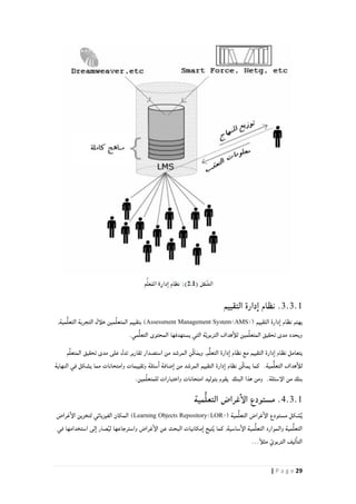 29| P a g e
3.3.1‫التقييم‬ ‫دارة‬‫ا‬ ‫نظام‬ .
‫نظام‬ ‫يهتم‬( ‫التقييم‬ ‫دارة‬‫ا‬Assessment Management System<AMS>,‫مية‬ُّ‫ل‬‫التع‬ ‫التجربة‬ ‫خلأل‬ ‫مين‬ِّ‫ل‬‫المتع‬ ‫بتقييم‬ )
.‫مي‬ُّ‫ل‬‫التع‬ ‫المحتوى‬ ‫يستهدفها‬ ‫التي‬ ‫ة‬ّ‫ي‬‫التربو‬ ‫هداف‬‫للأ‬ ‫مين‬ِّ‫ل‬‫المتع‬ ‫تحقيق‬ ‫مدى‬ ‫ويحدد‬
,‫م‬ُّ‫ل‬‫التع‬ ‫دارة‬‫ا‬ ‫نظام‬ ‫مع‬ ‫التقييم‬ ‫دارة‬‫ا‬ ‫نظام‬ ‫يتعامل‬‫م‬ِّ‫ل‬‫المتع‬ ‫تحقيق‬ ‫مدى‬ ‫على‬ ‫تدل‬ ‫تقارير‬ ‫استصدار‬ ‫من‬ ‫المرشد‬ ‫ِّن‬‫ك‬‫ويم‬
‫دارة‬‫ا‬ ‫نظام‬ ‫ِّن‬‫ك‬‫يم‬ ‫كما‬ .‫مية‬ُّ‫ل‬‫التع‬ ‫هداف‬‫للأ‬‫النهاية‬ ‫في‬ ‫يشكل‬ ‫مما‬ ‫وامتحانات‬ ‫وتقييمات‬ ‫سئلة‬‫ا‬ ‫ضافة‬‫ا‬ ‫من‬ ‫المرشد‬ ‫التقييم‬
.‫مين‬ِّ‫ل‬‫للمتع‬ ‫واختبارات‬ ‫امتحانات‬ ‫بتوليد‬ ‫يقوم‬ ‫البنك‬ ‫هذا‬ ‫ومن‬ .‫الإسئلة‬ ‫من‬ ‫بنك‬
4.3.1‫مية‬ُّ‫ل‬‫التع‬ ‫غراض‬‫الإ‬ ‫مستودع‬ .
( ‫مية‬ُّ‫ل‬‫التع‬ ‫غراض‬‫الإ‬ ‫مستودع‬ ‫شكل‬ٌ‫ي‬Learning Objects Repository<LOR>‫غراض‬‫الإ‬ ‫لتخزين‬ ‫الفيزيائي‬ ‫المكان‬ )
‫في‬ ‫استخدامها‬ ‫لى‬‫ا‬ ‫صار‬ُ‫ي‬‫ل‬ ‫واسترجاعها‬ ‫غراض‬‫الإ‬ ‫عن‬ ‫البحث‬ ‫مكانيات‬‫ا‬ ‫تيح‬ُ‫ي‬ ‫كما‬ ,‫ساسية‬‫الإ‬ ‫مية‬ُّ‫ل‬‫التع‬ ‫والموارد‬ ‫مية‬ُّ‫ل‬‫التع‬
ّ‫التربوي‬ ‫ليف‬‫التا‬...ً‫أ‬‫مثل‬
 