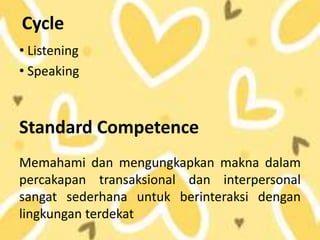 Cycle
• Listening
• Speaking



Standard Competence
Memahami dan mengungkapkan makna dalam
percakapan transaksional dan interpersonal
sangat sederhana untuk berinteraksi dengan
lingkungan terdekat
 