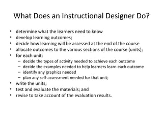 What Does an Instructional Designer Do? determine what the learners need to know develop learning outcomes; decide how learning will be assessed at the end of the course allocate outcomes to the various sections of the course (units); for each unit: decide the types of activity needed to achieve each outcome decide the examples needed to help learners learn each outcome identify any graphics needed plan any self-assessment needed for that unit; write the units; test and evaluate the materials; and revise to take account of the evaluation results. 