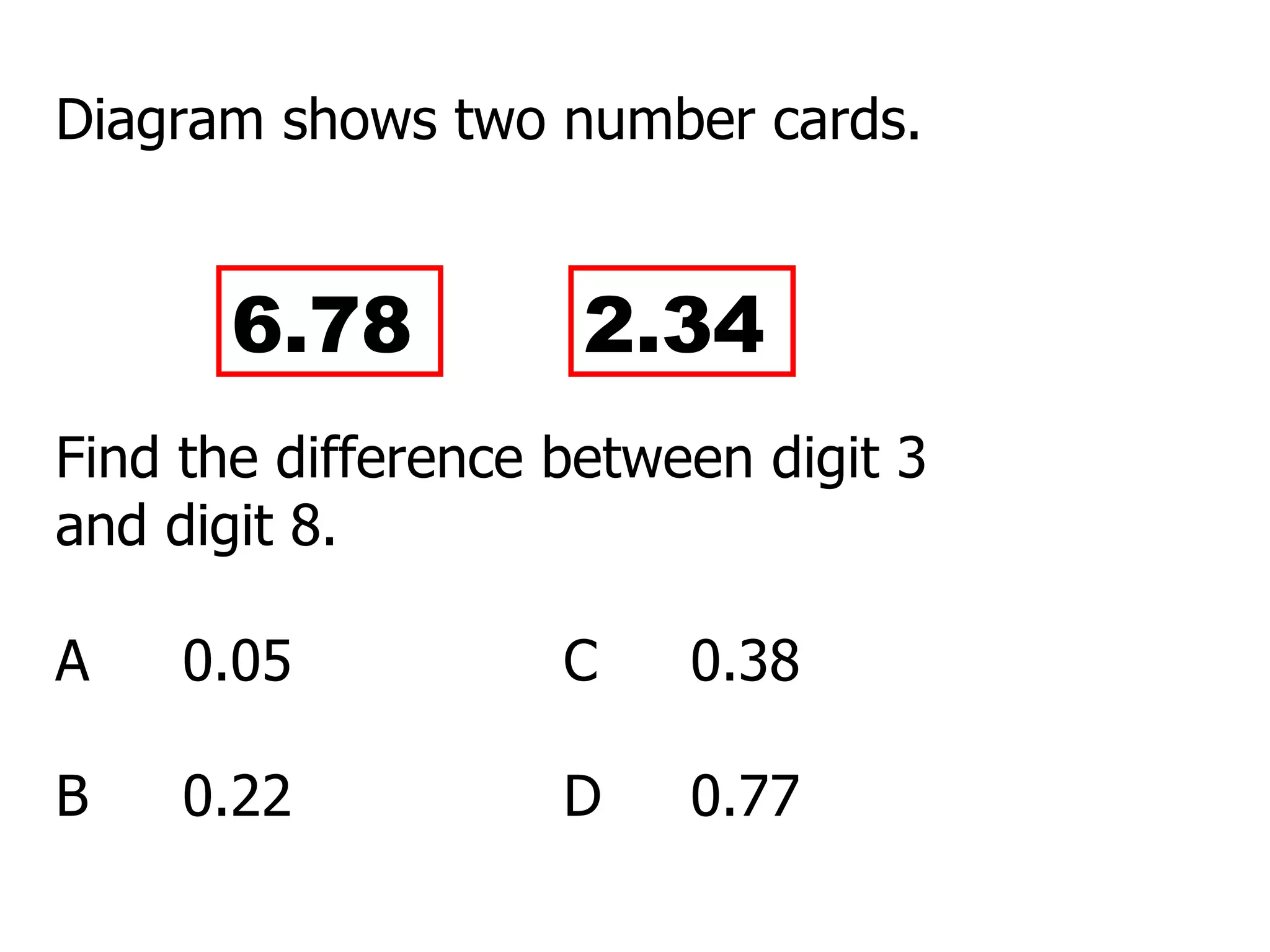 Diagram shows two number cards.  Find the difference between digit 3  and digit 8. A 0.05 C 0.38 B 0.22 D 0.77 6.78 2.34 