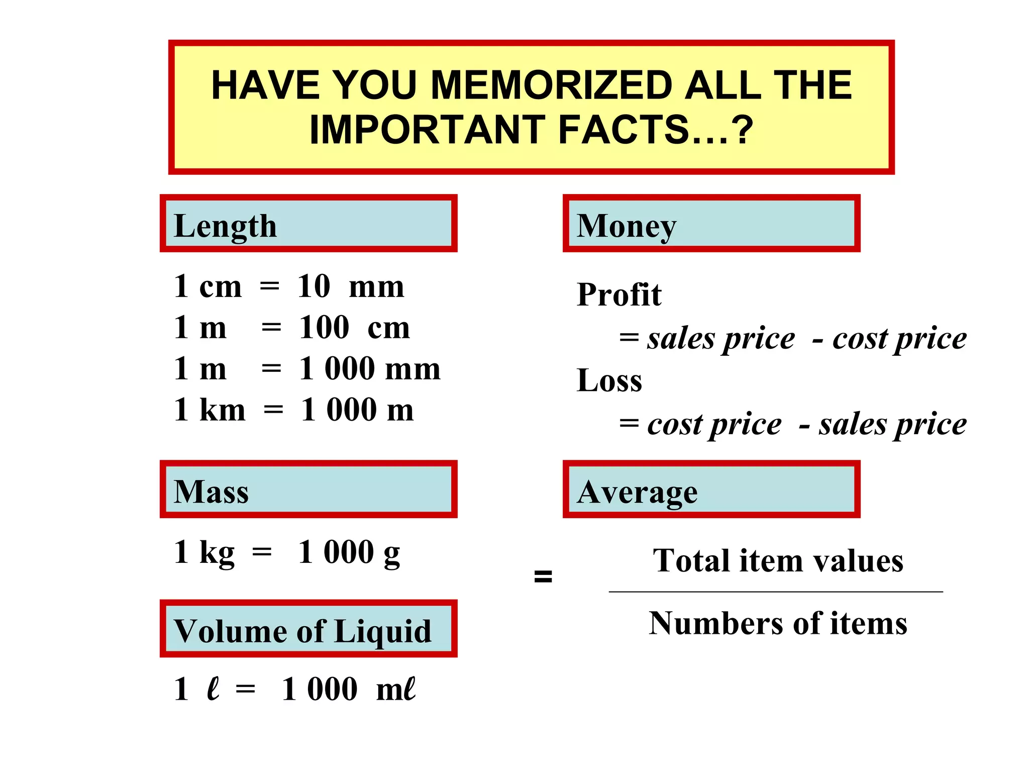 HAVE YOU MEMORIZED ALL THE IMPORTANT FACTS…? 1 cm  =  10  mm  1 m  =  100  cm  1 m  =  1 000 mm 1 km  =  1 000 m Length Mass 1 kg  =  1 000 g Volume of Liquid 1  l  =  1 000  m l Money Profit = sales price  - cost price Loss = cost price  - sales price Average Total item values Numbers of items = 
