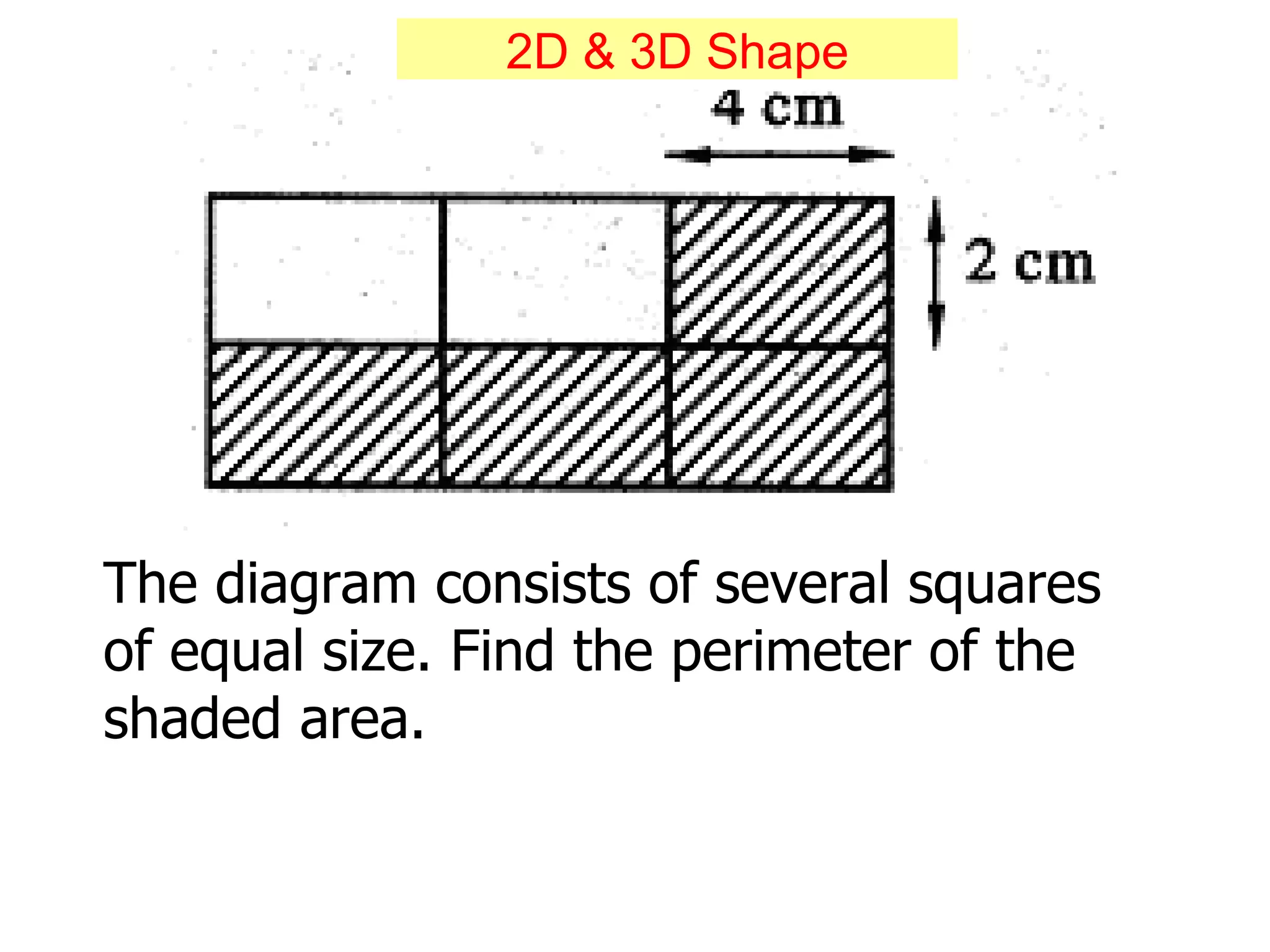 The diagram consists of several squares of equal size. Find the perimeter of the shaded area. 2D & 3D Shape 