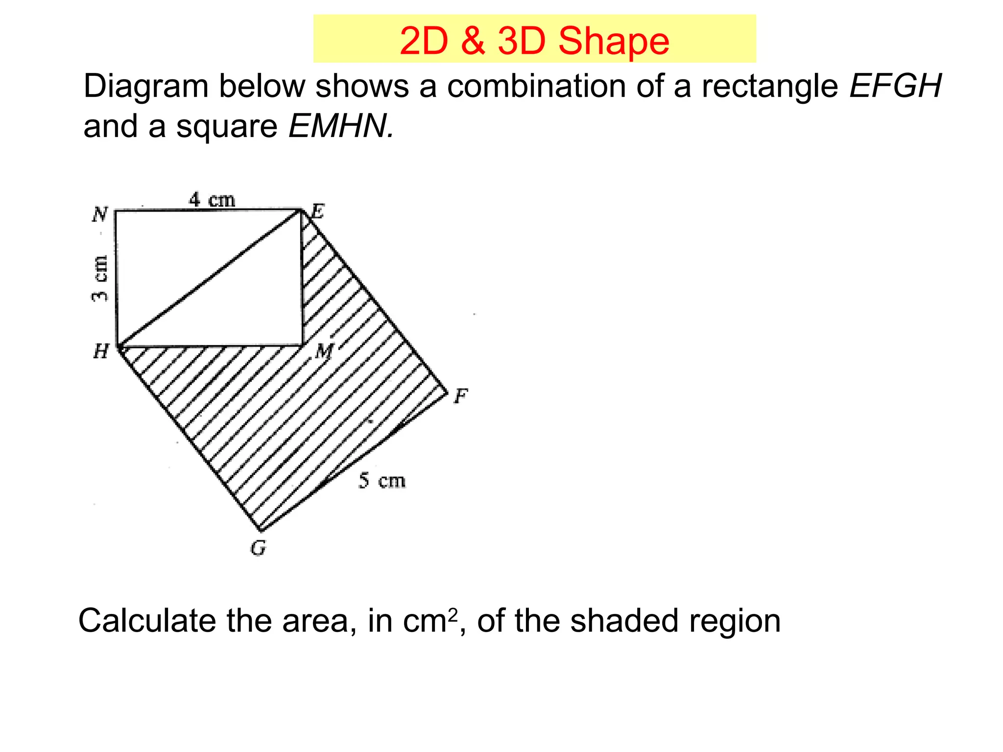 Calculate the area, in cm 2 , of the shaded region Diagram below shows a combination of a rectangle  EFGH   and a square  EMHN. 2D & 3D Shape 