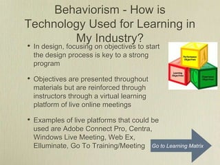 Behaviorism - How is
Technology Used for Learning in
        My Industry?
•   In design, focusing on objectives to start
    the design process is key to a strong
    program

•   Objectives are presented throughout
    materials but are reinforced through
    instructors through a virtual learning
    platform of live online meetings

•   Examples of live platforms that could be
    used are Adobe Connect Pro, Centra,
    Windows Live Meeting, Web Ex,
    Elluminate, Go To Training/Meeting Go to Learning Matrix
 
