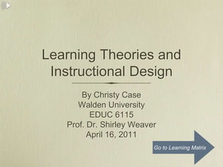 Learning Theories and
 Instructional Design
       By Christy Case
      Walden University
          EDUC 6115
   Prof. Dr. Shirley Weaver
         April 16, 2011
                          Go to Learning Matrix
 