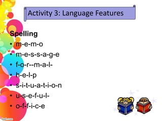 Activity 3: Language Features

Spelling
• m-e-m-o
• m-e-s-s-a-g-e
• f-o-r--m-a-l-
• h-e-l-p
• s-i-t-u-a-t-i-o-n
• u-s-e-f-u-l-
• o-f-f-i-c-e
 