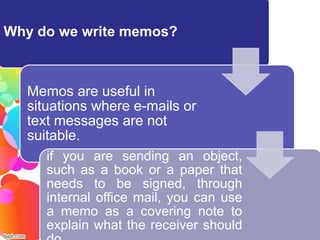 Why do we write memos?



  Memos are useful in
  situations where e-mails or
  text messages are not
  suitable.
     if you are sending an object,
     such as a book or a paper that
     needs to be signed, through
     internal office mail, you can use
     a memo as a covering note to
     explain what the receiver should
 