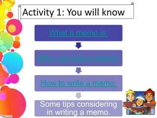 Activity 1: You will know
      What a memo is.


   Why we write a memo.


    How to write a memo.

    Some tips considering
     in writing a memo.
 