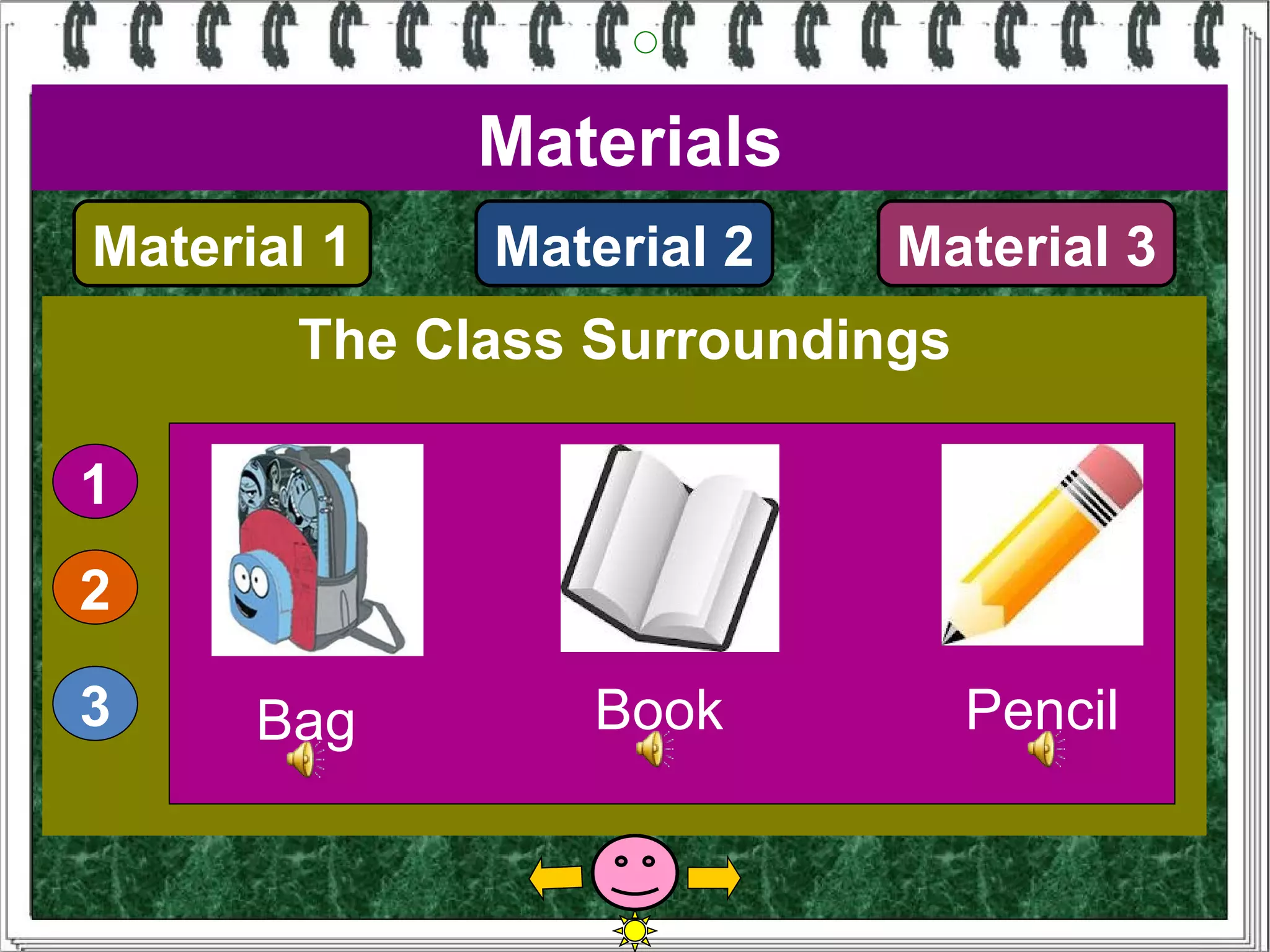 Materials
Material 1   Material 2    Material 3
       The Class Surroundings

1
2

3     Bag       Book            Pencil
 