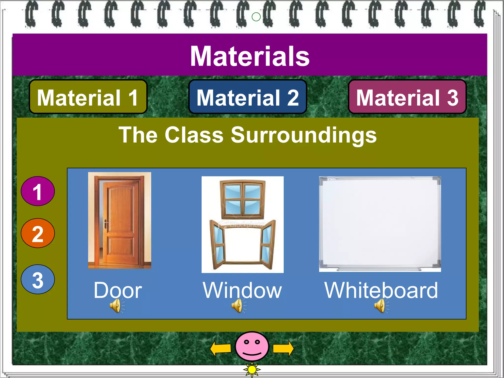 Materials
Material 1   Material 2     Material 3
       The Class Surroundings

1
2

3    Door     Window      Whiteboard
 