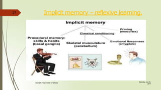 Implicit memory – reflexive learning.
27
Saturday, July 29,
2017
HIGHER FUNCTIONS OF BRAIN.
 