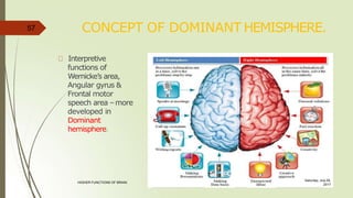 CONCEPT OF DOMINANT HEMISPHERE.
Interpretive
functions of
Wernicke’s area,
Angular gyrus &
Frontal motor
speech area –more
developed in
Dominant
hemisphere.
57
Saturday, July 29,
2017
HIGHER FUNCTIONS OF BRAIN.
 