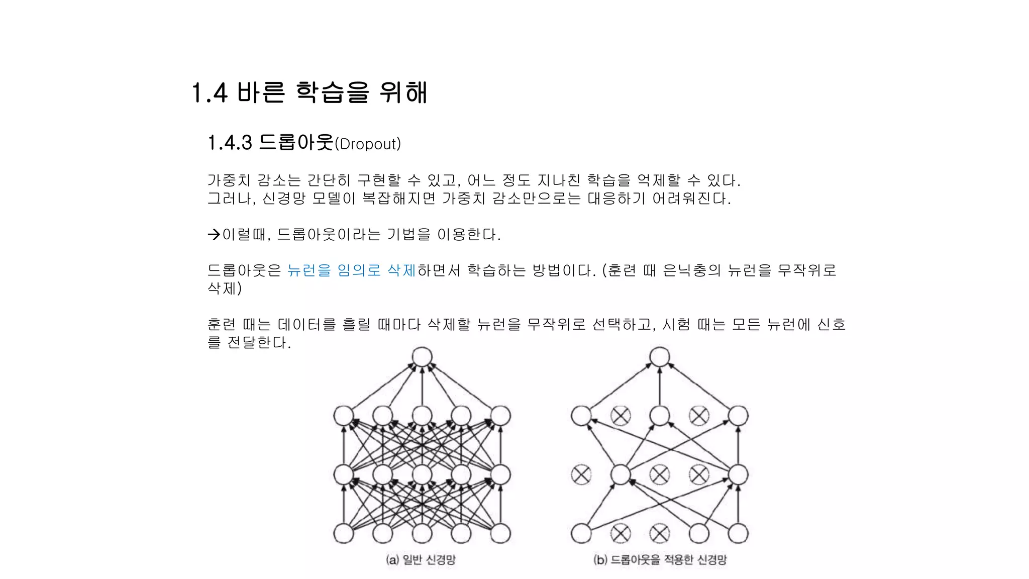 1.4.3 드롭아웃(Dropout)
가중치 감소는 간단히 구현할 수 있고, 어느 정도 지나친 학습을 억제할 수 있다.
그러나, 신경망 모델이 복잡해지면 가중치 감소만으로는 대응하기 어려워진다.
이럴때, 드롭아웃이라는 기법을 이용한다.
드롭아웃은 뉴런을 임의로 삭제하면서 학습하는 방법이다. (훈련 때 은닉충의 뉴런을 무작위로
삭제)
훈련 때는 데이터를 흘릴 때마다 삭제할 뉴런을 무작위로 선택하고, 시험 때는 모든 뉴런에 신호
를 전달한다.
1.4 바른 학습을 위해
 
