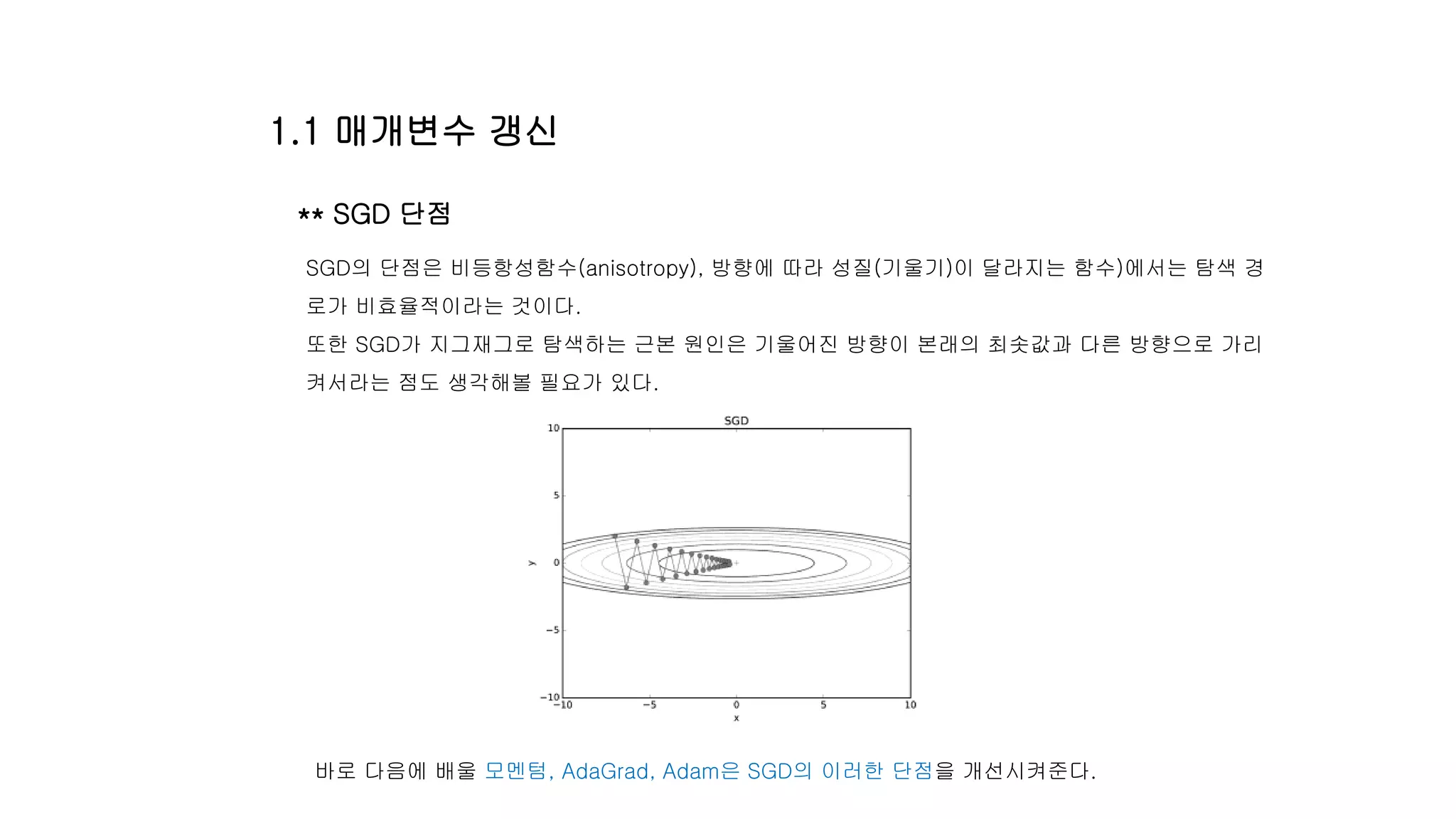SGD의 단점은 비등항성함수(anisotropy), 방향에 따라 성질(기울기)이 달라지는 함수)에서는 탐색 경
로가 비효율적이라는 것이다.
또한 SGD가 지그재그로 탐색하는 근본 원인은 기울어진 방향이 본래의 최솟값과 다른 방향으로 가리
켜서라는 점도 생각해볼 필요가 있다.
** SGD 단점
바로 다음에 배울 모멘텀, AdaGrad, Adam은 SGD의 이러한 단점을 개선시켜준다.
1.1 매개변수 갱신
 
