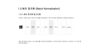 1.3.1 배치 정규화 알고리즘
아래의 그림과 같이 데이터 분포를 정규화하는 ‘배치 정규화 계층’을 신경망에 삽입한다.
배치 정규화는 학습 시 미니배치를 단위로 정규화한다. 데이터 분포가 평균이 0, 분산이 1이 되도록
정규화 해준다.
1.3 배치 정규화 (Batch Normalization)
 