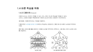 1.4.3 드롭아웃(Dropout)
가중치 감소는 간단히 구현할 수 있고, 어느 정도 지나친 학습을 억제할 수 있다.
그러나, 신경망 모델이 복잡해지면 가중치 감소만으로는 대응하기 어려워진다.
이럴때, 드롭아웃이라는 기법을 이용한다.
드롭아웃은 뉴런을 임의로 삭제하면서 학습하는 방법이다. (훈련 때 은닉충의 뉴런을 무작위로
삭제)
훈련 때는 데이터를 흘릴 때마다 삭제할 뉴런을 무작위로 선택하고, 시험 때는 모든 뉴런에 신호
를 전달한다.
1.4 바른 학습을 위해
 
