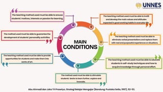 MAIN
CONDITIONS
AbuAhmadi dan JokoTri Prasetyo, Strategi Belajar Mengajar (Bandung: Pustaka Setia, 1997), 52-53.
Theteachingmethodusedmustbe abletoarouse
students'motives,interests orpassionfor learning.
Themethodusedmust beabletoguaranteethe
developmentofstudents'personalityactivities.
The teaching method used mustbe able toprovide
opportunities for students and make theminto
worksof art.
The method used must be able to stimulate
students' desire tolearn further, explore and
innovate.
Theteachingmethodusedmustbeabletoeducate
studentsin self-studytechniquesandhowto
acquireknowledgethroughpersonaleffort.
Theteachingmethod usedmustbeable to
eliminate verbalpresentations andreplacethem
withrealandpurposeful experiences orsituations.
Theteachingmethodusedmustbeabletoinstill
anddevelopthemainvaluesandattitudes
expectedingoodworkinghabitsineverydaylife.
 